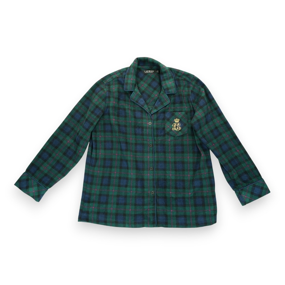 Lauren Ralph Lauren Flannel Pajama Set L Green Plaid Tartan Gold Crest Holiday